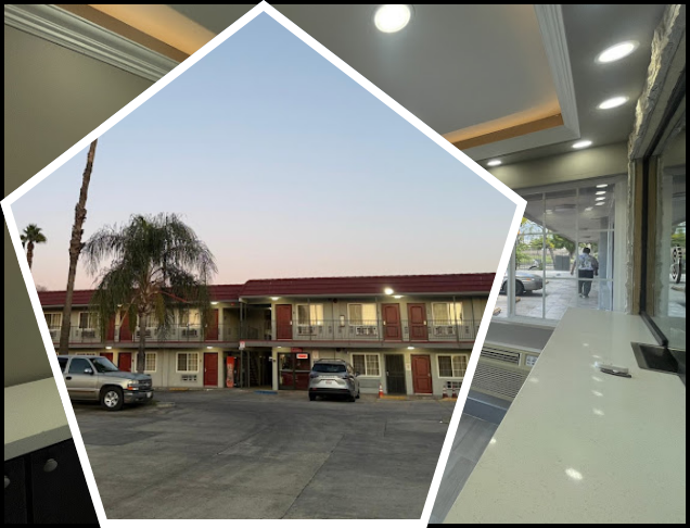 A budget-friendly hotel, Simple Stay Suites, showcasing a parking lot and a car parked at the entrance.