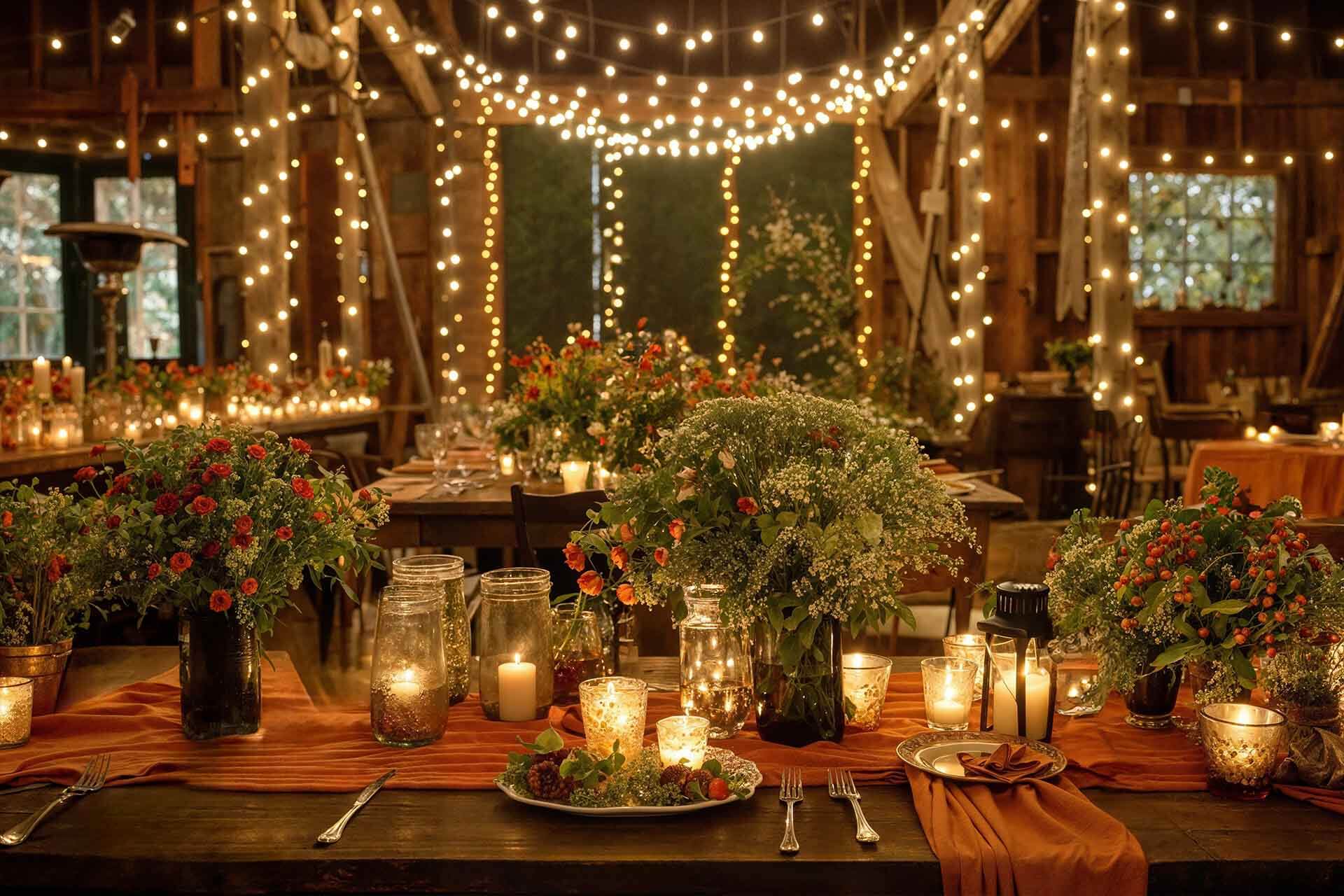 A cozy wedding reception in a barn, illuminated by string lights, offering a romantic and rustic environment.
