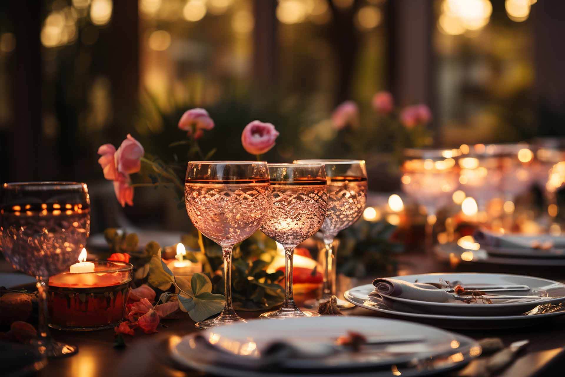 A beautifully arranged table setting featuring wine glasses and flickering candles, perfect for a cozy dining experience.