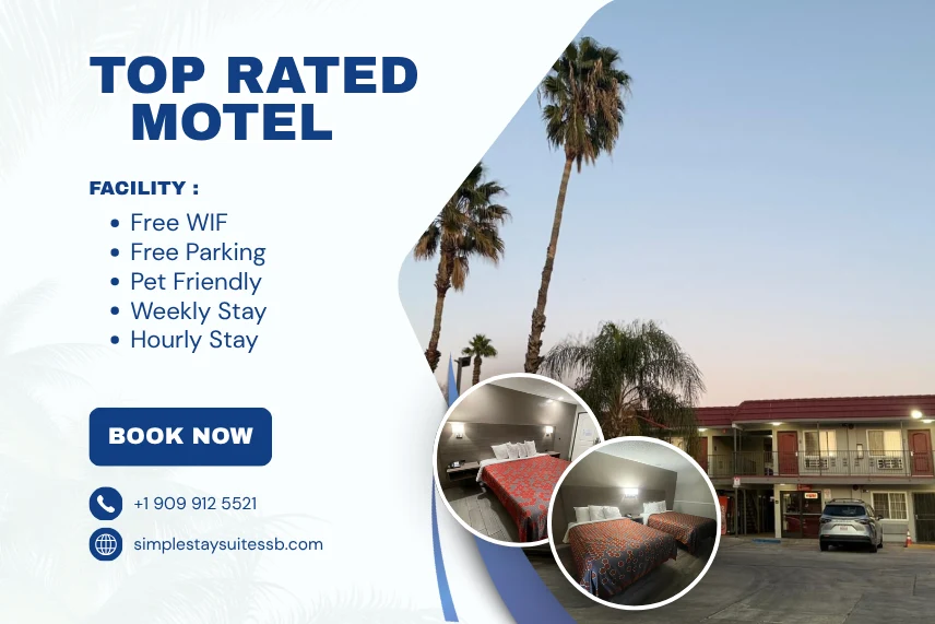 Simple Stay Suites, a top-rated motel in San Bernardino, CA, features free WiFi, free parking, and pet-friendly options.