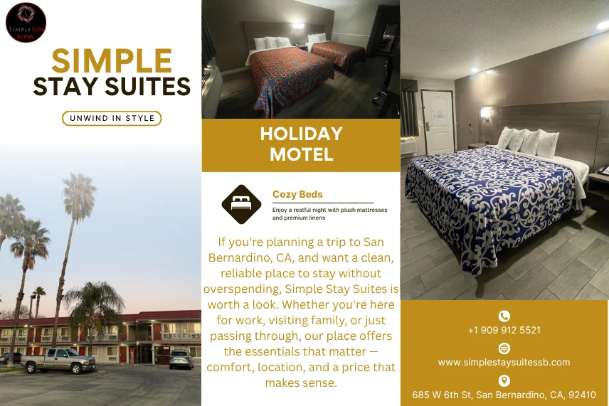 Simple Stay Suites Holiday Motel in San Bernardino, CA, showcasing a clean facade and inviting atmosphere for guests.