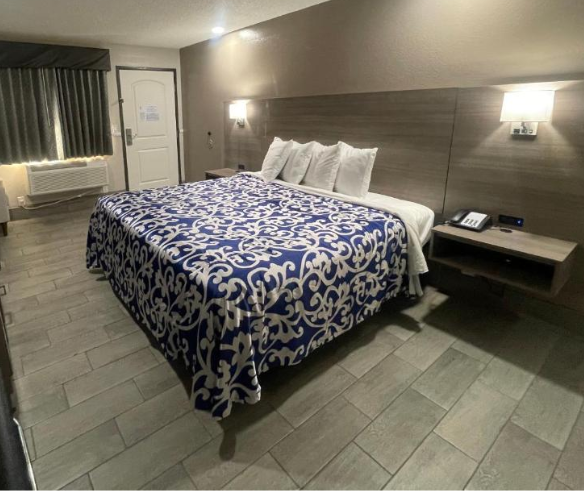 A well-furnished hotel room showcasing a bed and a television, perfect for affordable lodging and pet-friendly stays.